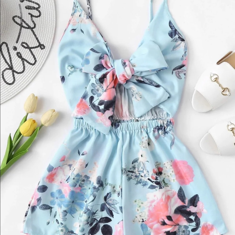 Blue Floral Print Short Jumpsuit